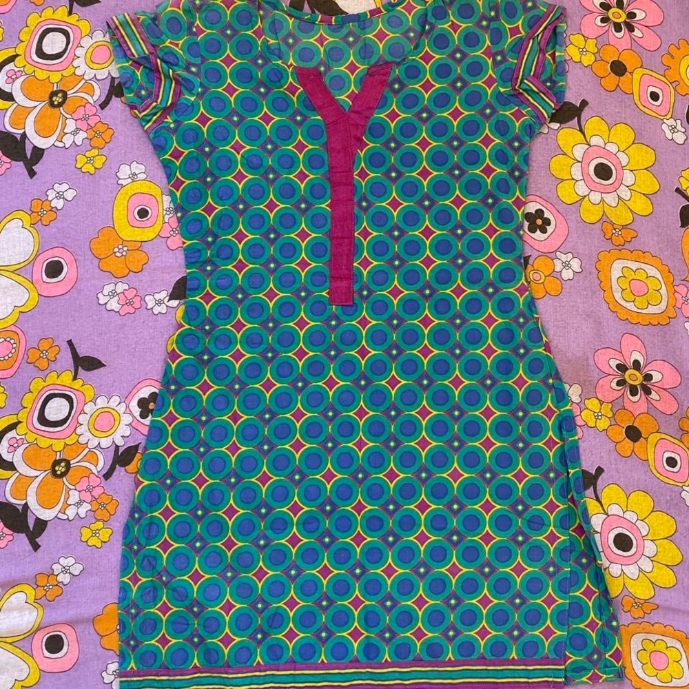 Vintage 1960s Teal Fuchsia Geometric Mini Dress XXXS